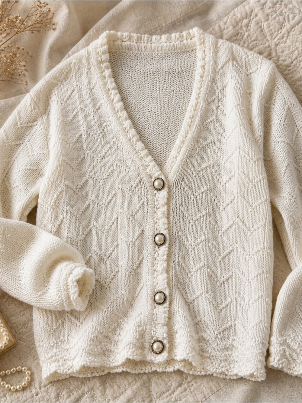 Vintage Cream Knit Cardigan Pearl Button Cottagecore Grandpa Core Sweater
